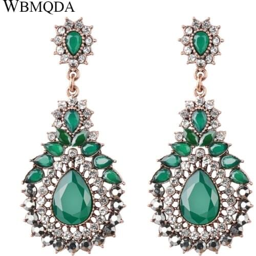 Wbmqda Luxury Boho Green Stone Drop Earrings Antique Gold Crystal Ethnic Bride Wedding Jewelry Accessories Gifts For Women