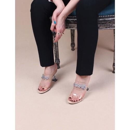Womens Slippers Nude Transparent Banded Gemstone Heels Slippers 2021 Summer Season