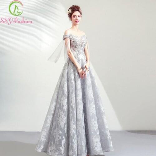 SSYFashion 2019 New Banquet Elegant Grey Lace Evening Dress Boat Neck Appliques Floor-length Party Formal Gown Robe De Soiree