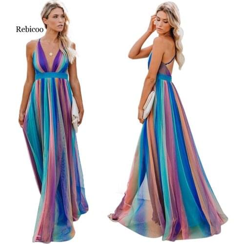 Women Backless Sexy Dress Casual V Neck Rainbow Striped Print Summer Dress Vintage Chiffon Maxi Dress Elegant Vestidos