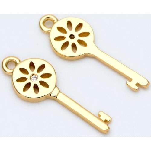 10pcs Gold plated Brass Key Charm, CZ paved Key Pendants 18x6mm For DIY Jewelry Making Accessories Supplie(GB-1562)