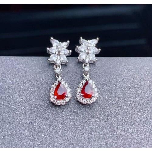 100% fashion grace Water drop natural red ruby water drop earrings Natural gemstone earrings 925 silver female party jewelry