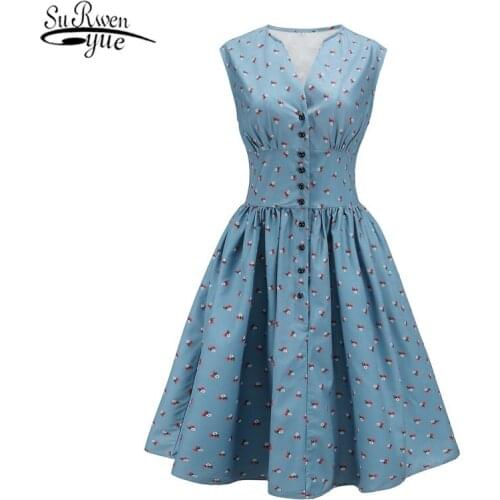 2021 New Womens Single Row Button Printed V-Neck Sleeveless Women Dress High Waist Vintage Dress Plus Size S-4XL 12856