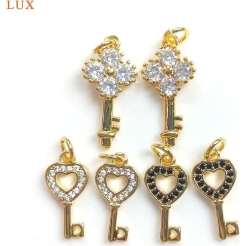 5pcs Shiny Key Pendant Zircon Charms Gold Brass Key Zircon Charms Micro Pave CZ Heart Key Pendant Necklaces For Women Jewelry