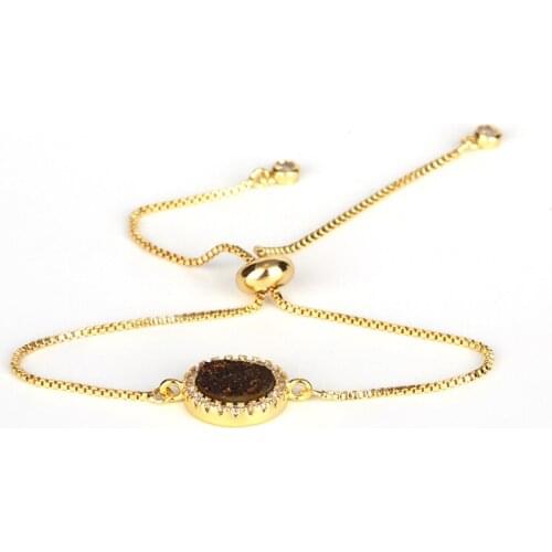 Dankaishi Round Shape Nature Stone Charm Bracelet Adjustable Link Chain Bracelet Metal Gold Color Chain Natural Stone