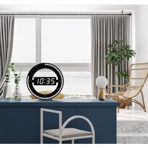 Electronic Clock 3D Hollow LED Digital Automatic Adjustment Brightness Round Home Wall Clock With US Plug Black Plastic