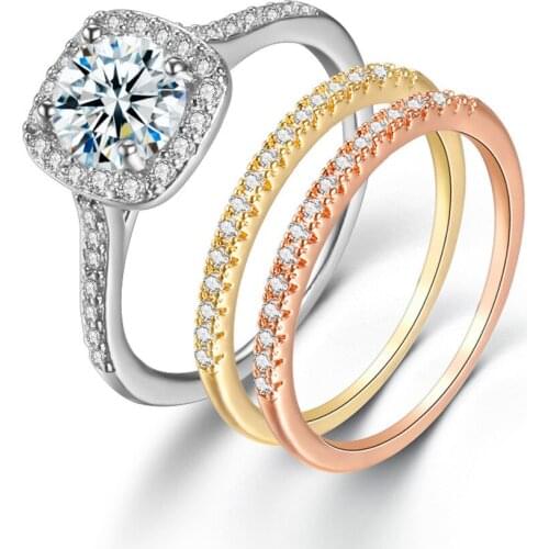 3Pcs/Set Large Cubic Zirconia Wedding Rings For Women Silver Color Crystal Lady Elegant Engagement Luxury Ring gift Jewelry