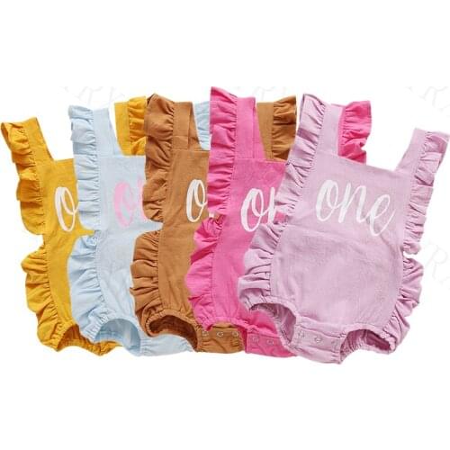 Lovely Baby Letter One Birthday Bodysuit, Sleeveless Falbala Edge Jumpsuits Elastic Leg Opening with Letters for Summer 2021