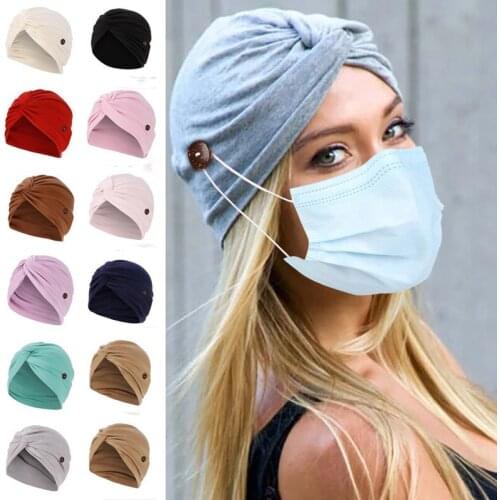 Muslim Ladies Turban Solid Headband Women Mask Buttons Beanie Hat Headwear Bandeau Mujer Scrunchie India Cap Hair Accessories