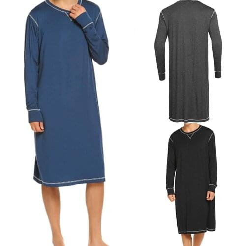 Men Solid Color Loose Pyjama Long Sleeve Round Neck Nightclothes Casual Style Cozy Soft Sleepwear Home Service Summer Autumn