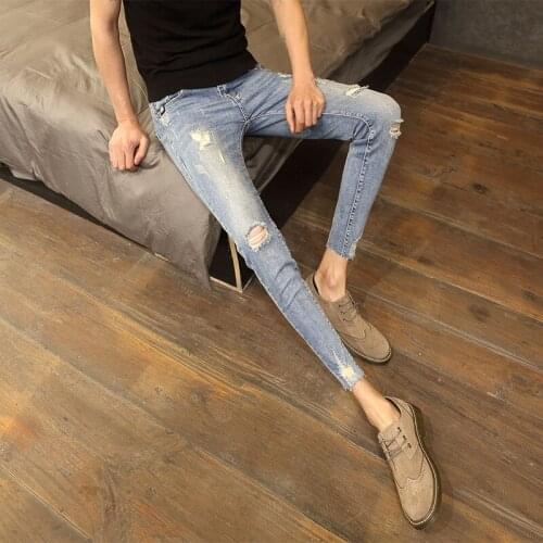 Hot 2020 spring trendy mens thin denim skinny stretch pants Korean Slim fashion hole washed feet ankle length pencil jeans