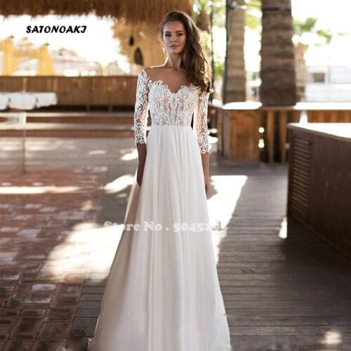 Charming Boho Chiffon Wedding Dresses Lace Appliques Scoop Neck Three Quarter A-Line Bridal Gowns Robe De Mariée Vestidos Online