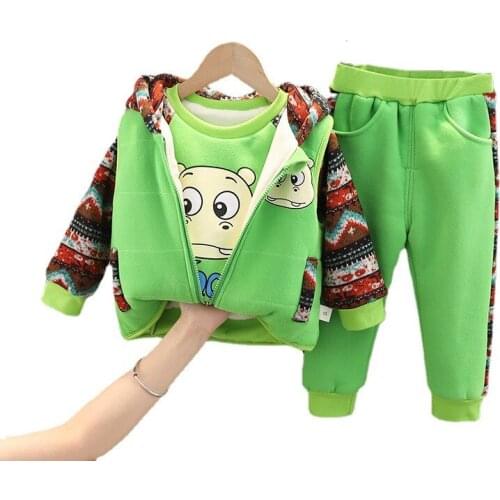 Autumn Winter Fashion Baby Clothes Suit Children Boys Girls Plus Velvet Hooded Vest T-Shirt Pants 3Pcs/set Kids Casual Clothing