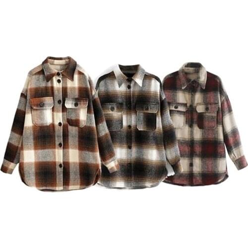 Autumn Winter Plaid Pockets Retro Oversized Outerwear Lapel Collar Loose Fashion Women Acetate Long Leeve Thick Shirts Coats