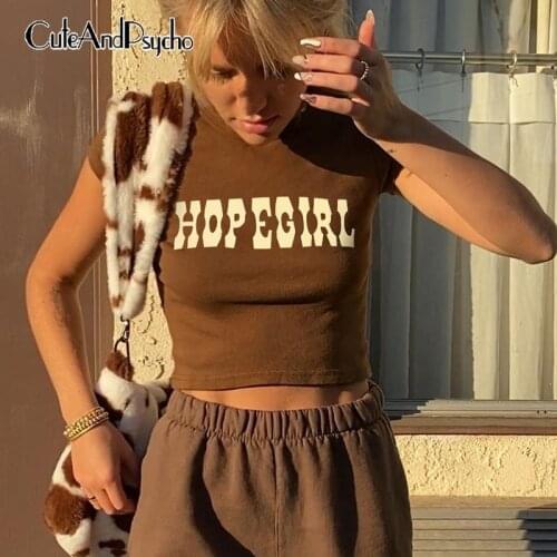 Casual Letter Print y2k Brown Crop Tops Women Vintage Retro Aesthetic 90s Tshirts Short Sleeves Shirts Crewneck Cuteandpsycho