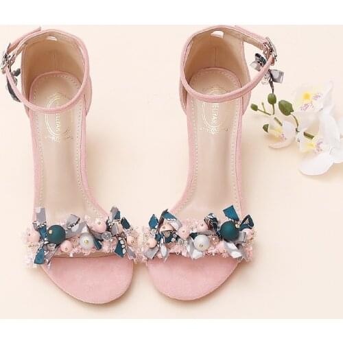 Bow sweet girl thick heel pink sandals with INS wind net red the same pearl ball fairy shoes