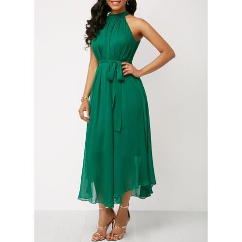 Plus size Brand Womens Clothing 2021 Spring-Summer Halter Lace-up Pleated Chiffon Dresses