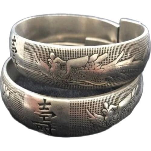 Old Handwork Miao Silver Carve China Adjust Pair Bracelet