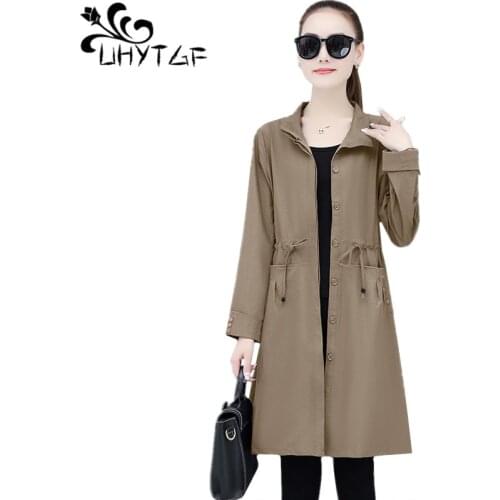 UHYTGF Elegant Mother Spring Autumn Trench Coat Fashion Pocket Single-Breasted Loose Plus Size Windbreaker Female Outerwear 1637