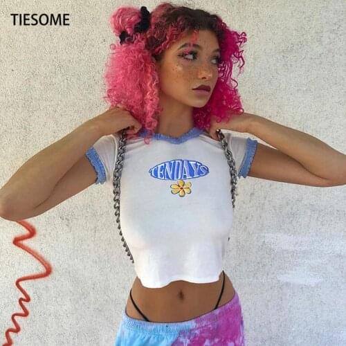 TIESOME Blue Lace letter Embroidery Floral Print Top Tee 2020 Summer Women Clothes Casual T shirts Short Slim Tops Lady Street