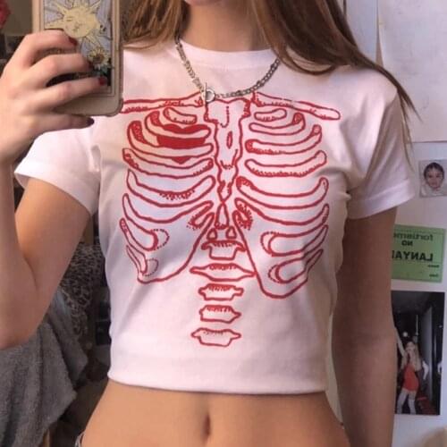 Summer Womens T-shirt Punk y2k Top Skull Print Pattern T Shirt Round Neck Short Sleeve Woman Casual Clothes Harajuku E girl Top