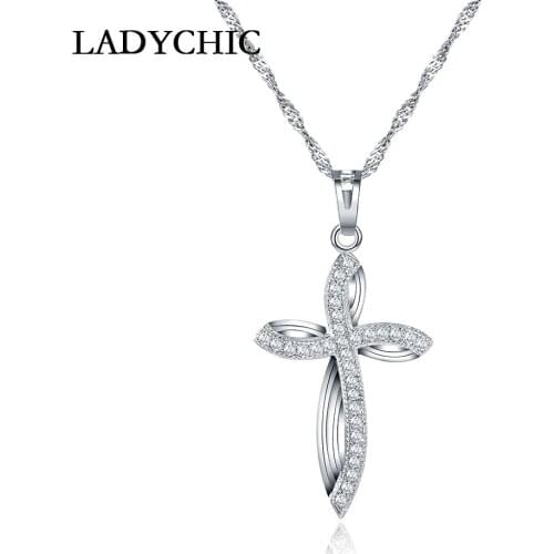 LADYCHIC Women Silver Color Pendant AAA Cubic Zircon Female Necklace Cross Shape With Foliage Inspiration Jewelry LN1001