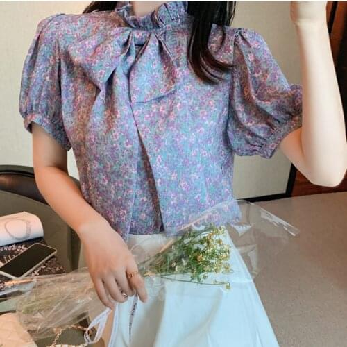 Vintage Purple Floral Print Women Blouse Summer Chic Bow Collar Puff Sleeve Chiffon Shirt Lady French Style Elegant Blouses