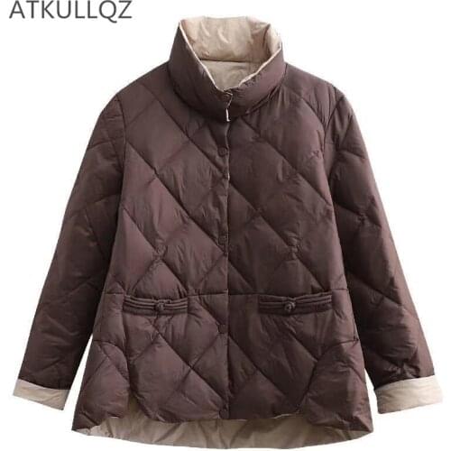 Winter Retro Casual Down Jacket 2021 Loose and Thin Rhomboid White Duck Down Color Matching Stand-up Collar Button Jacket Women