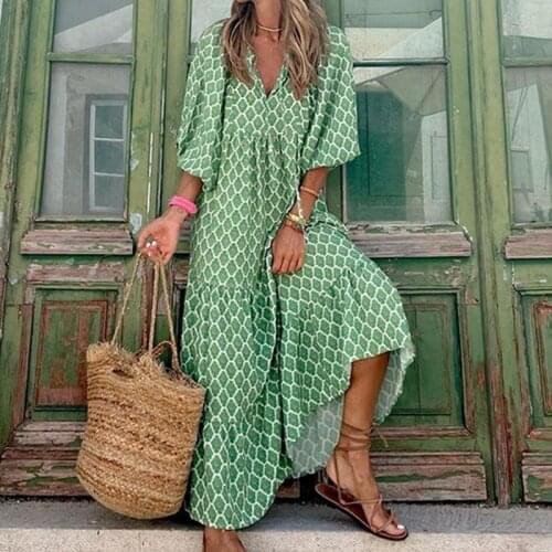 2021 New Printed Long Sleeve Loose Bohemian Dress Women V Neck Boho Long Dress Casual Party Holiday Wear Femme Robes Green