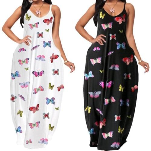 Women Dress Butterfly Print Plus Size Loose Plain Long Maxi Dress Striped Butterfly Print Loose Beach Dress Daily Casual