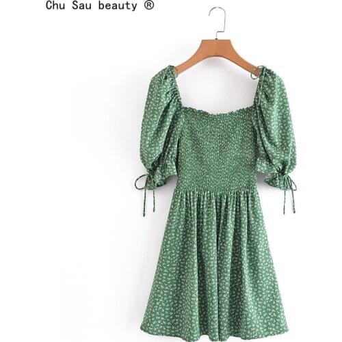 2021 Summer New Vintage Square Collar Floral Print Elastic Waist Puff Sleeve Lace-Up Dress For Women Vestido Chic
