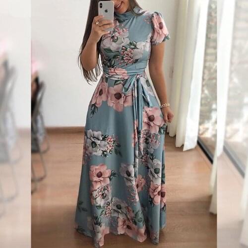 Summer Vintage Flower Print Short Sleeve Long Dress Women Elegant Boho Casual Slim High Waist Belt Robe Bodycon Maxi Party Dress