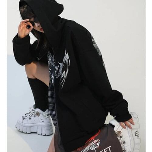 Winter Women Loose Hip Hop Streetwear Hoodies Goth Harajuku Y2k Aesthetic Clothes Grunge Punk Zip-up Jacket Butterfly Print Coat