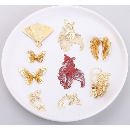 10pcs Animal Earrings Girls Jewelry National Wind Koi Goldfish Folding Fan Butterfly Copper Piece Pendant Diy Earring Material