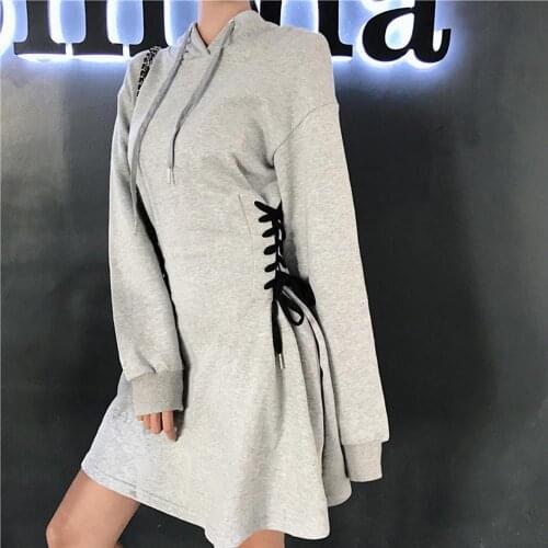 2020 Spring Autumn Hooded Dresses Women Sides Lacing Up Adjustable Tie Bow Waist Bandage Dress