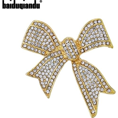 Baiduqiandu 14K Gold Clear Rhinestone Bowknot Brooches Pins For Women Sparkling Bowknot Suits Shirts Collar Pins Gifts