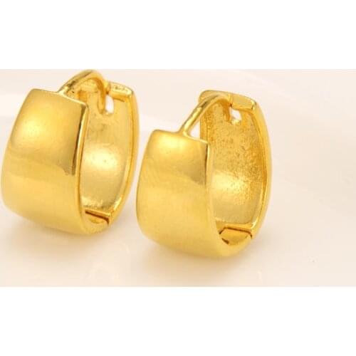 Pure 24K Yellow Fine Solid Gold GF Earrings wide Hoop Lucky Glossy Women Gift
