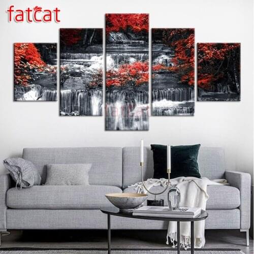 FATCAT Red scenic waterfall 5 Piece Diy Diamond Painting Full Square Round Drill Mosaic Embroidery Sale Decoration AE2907