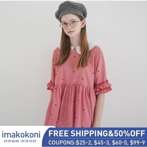 Imakokoni lattice wave dot t-shirt summer 2019 new doll collar loose plus size Japanese original top 192666