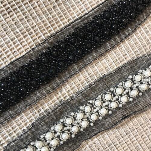 Hand-beaded lace diamond mesh double-row pearl ribbon DIY decoration banding clothing collar home textile Hair band accessories