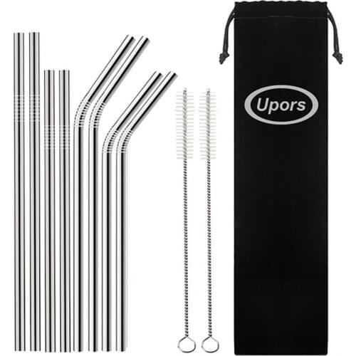 UPORS 8Pcs/Set Reusable Metal Straws with Cleaning Brush Eco Friendly Stainless Steel Drinking Straws for Party Bar Accessories