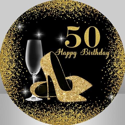 Customized 40th 50th 60th Birthday Party Round Backdrop Cover Decoration Gold and Black Glitter Background Banner Elastic