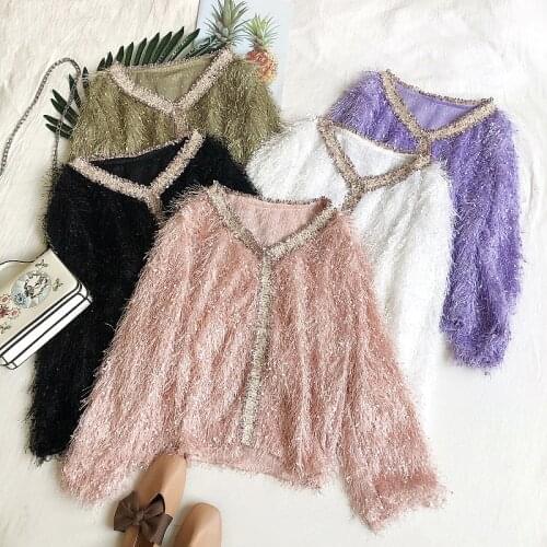 New-Coming Spring Autumn Panelled Elegant Tassel T-shirts Women V-neck loose long sleeve short T-shirt Womens Pullovers Tops