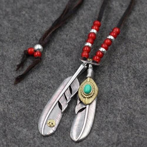 S925 Sterling Silver Retro Thai Silver Takahashi Goro Feather Pendant Glass Beads Buckskin Rope Vintage Indian A Set Necklace