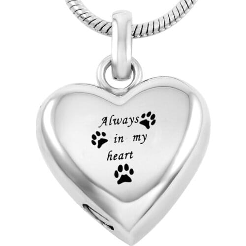 LL001 Always In My Heart Stainless Steel Cremation pendant With Pet Paw Print Memorial Urn Necklace For Dog/Cat Ashes - Engrave