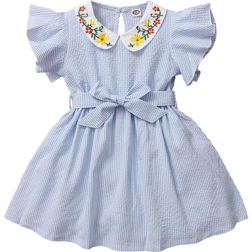 Girl’s dresses Summer Short Sleeve Princess Sweet Fly Sleeve Fashion Stripe Embroidery Doll Collar Bandage A-line Party Dress