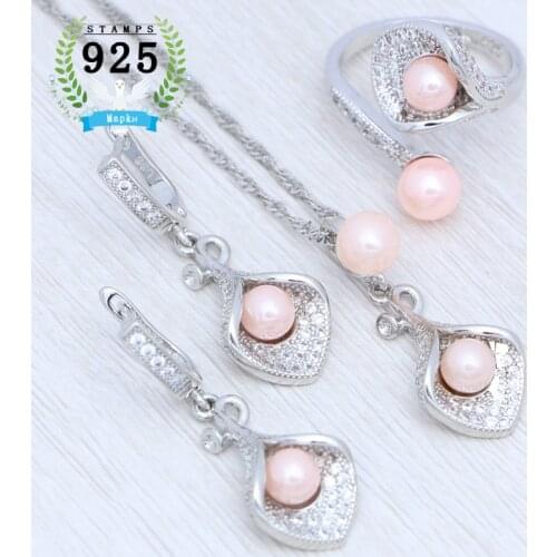 Lovely 925 Sterling Silver Pink Pearl Jewelry Set Adjustable Ring Pendant Earring Necklace for Woman Engagement Gift