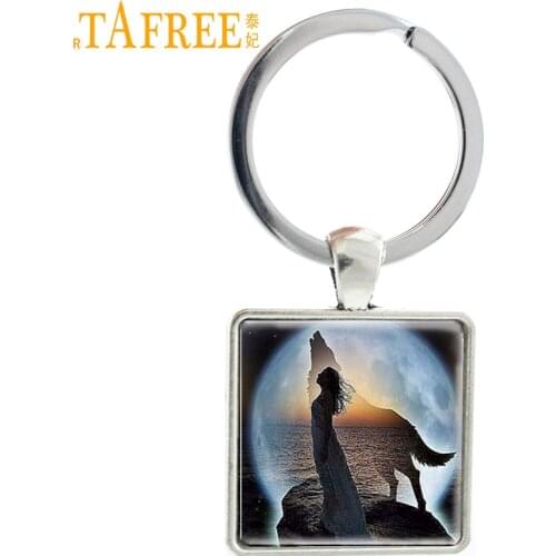 TAFREE Art Painting Beauty Girl and Wolf Beside Moon Keychain Animal Wolf Pendant Key Ring Holder Fashion Jewelry Gift E365
