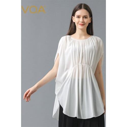 VOA Silk Crepe De Chine White Crew Neck Pleated Bat Sleeve Loose Breathable Minimalist Ruffled Hem Split T-shirt Female BE709