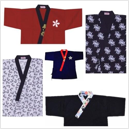 Japanese Women Men Restaurant Bar Clothes Chef/Cook Coat Jackets Uniform, Sushi/Sashimi/Salmon, Navy with Red Hem Jiu